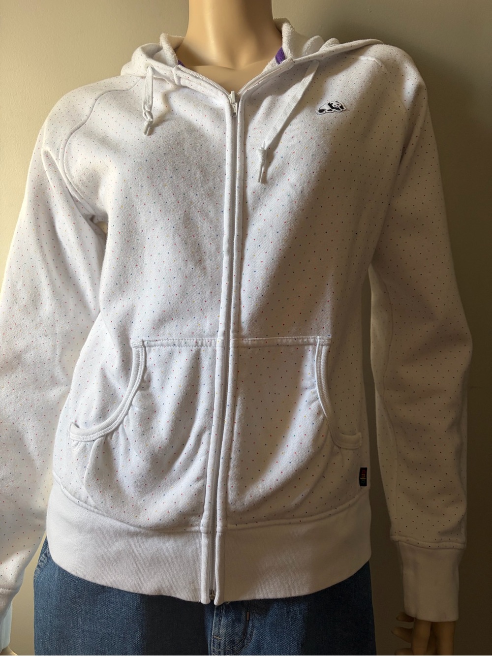 Y2K Enjoi Panda Rainbow Polka Dot Zip Up Hoodie, women’s size L, fit smaller.